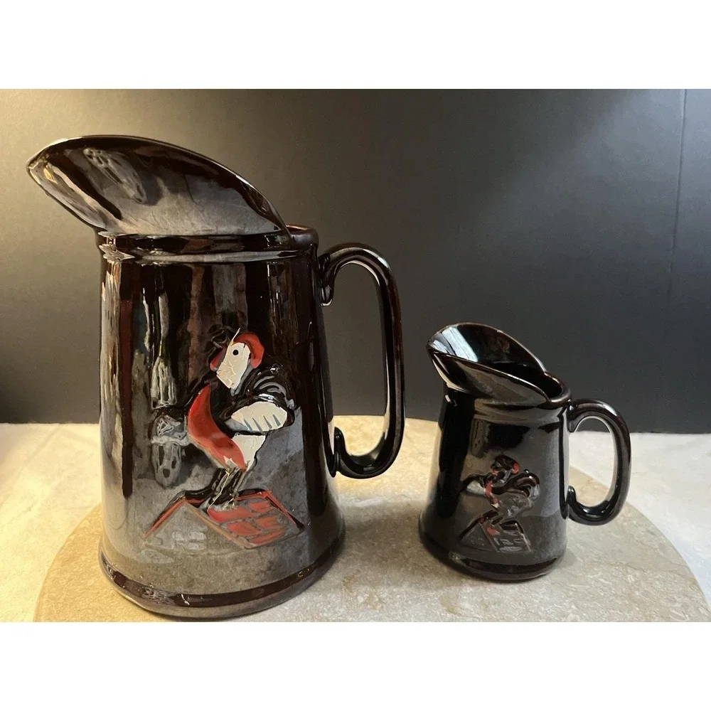 Vintage 50's Redware Pancake 7 Batter and 5.5 Syrup Rooster Pitchers Set of 2